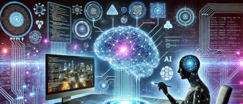 DALL·E 2025-02-14 14.57.53 - A futuristic representation of artificial intelligence applied to software development. The image features a glowing digital brain connected to lines